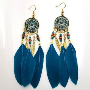 Empress Mandala Blue Gold Boho Feather Dangle Earrings